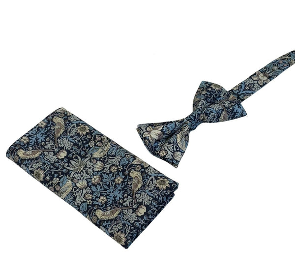william morris liberty style blue strawberry thief english garden wildflower design adult bow tie and matching pocket square